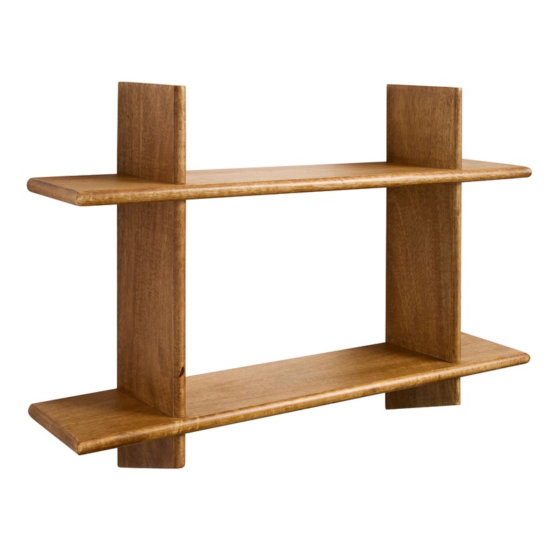 Natural Mango Wood Mid Century 2 Tier Wall Shelf