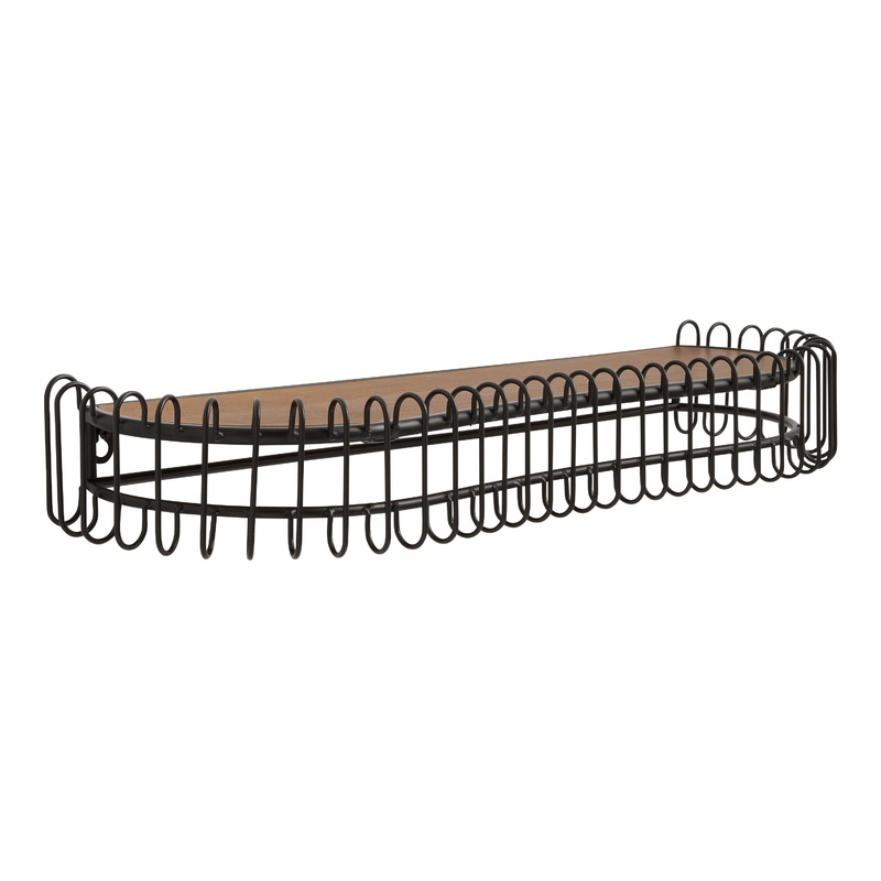 Natural Wood and Black Iron Loop Floating Wall Shelf