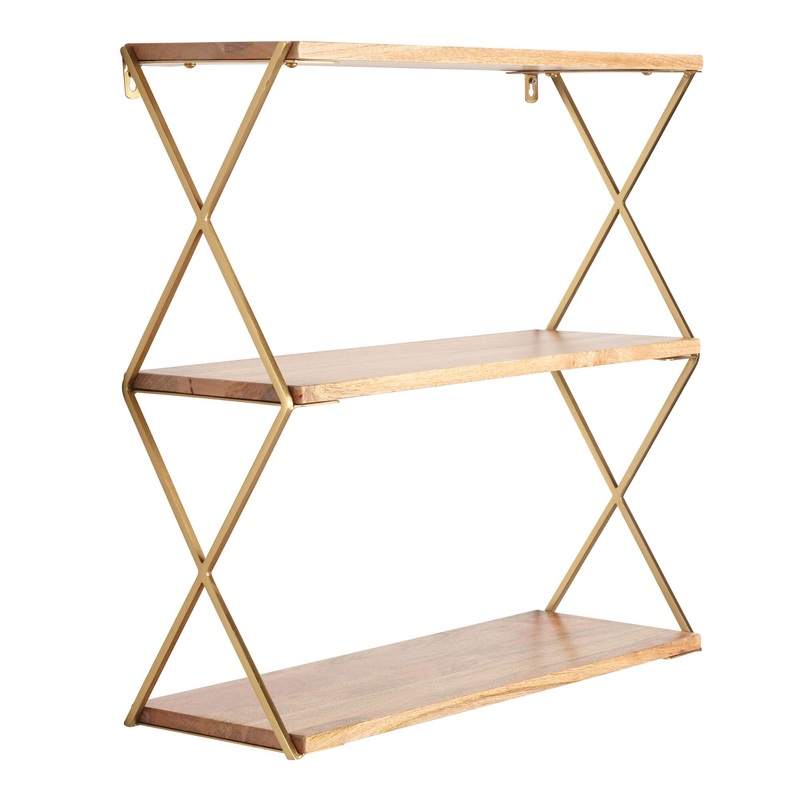 Natural Wood and Gold 3 Tier Wall Shelf