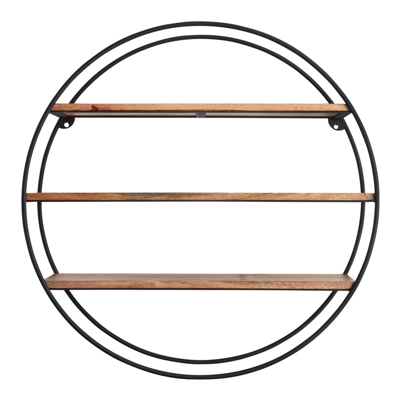 Round Black Metal and Natural Mango Wood Wall Shelf