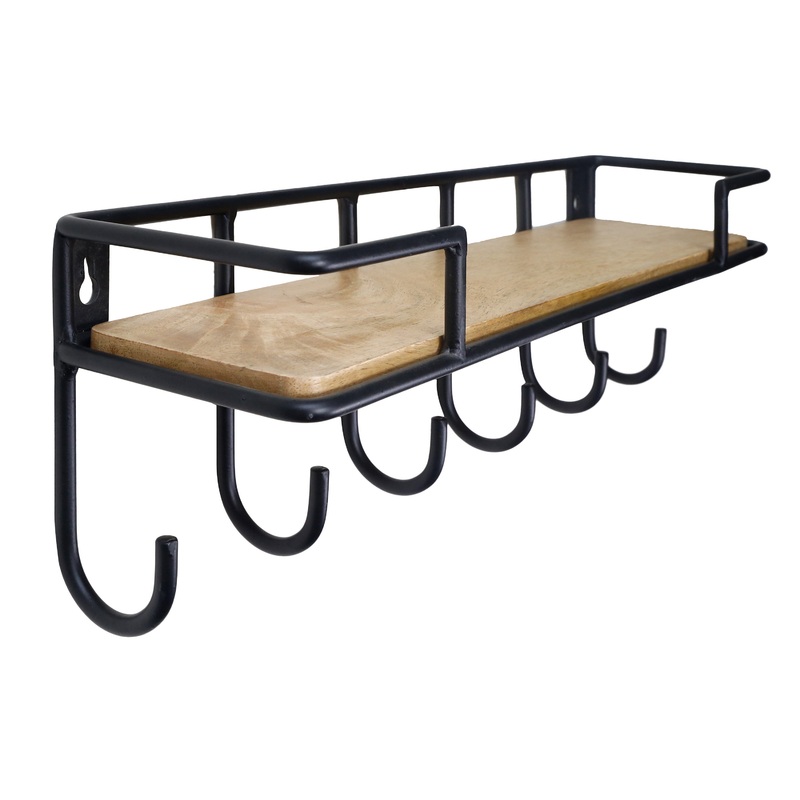 Small Black Metal and Mango Wood Wall Shelf With Hooks