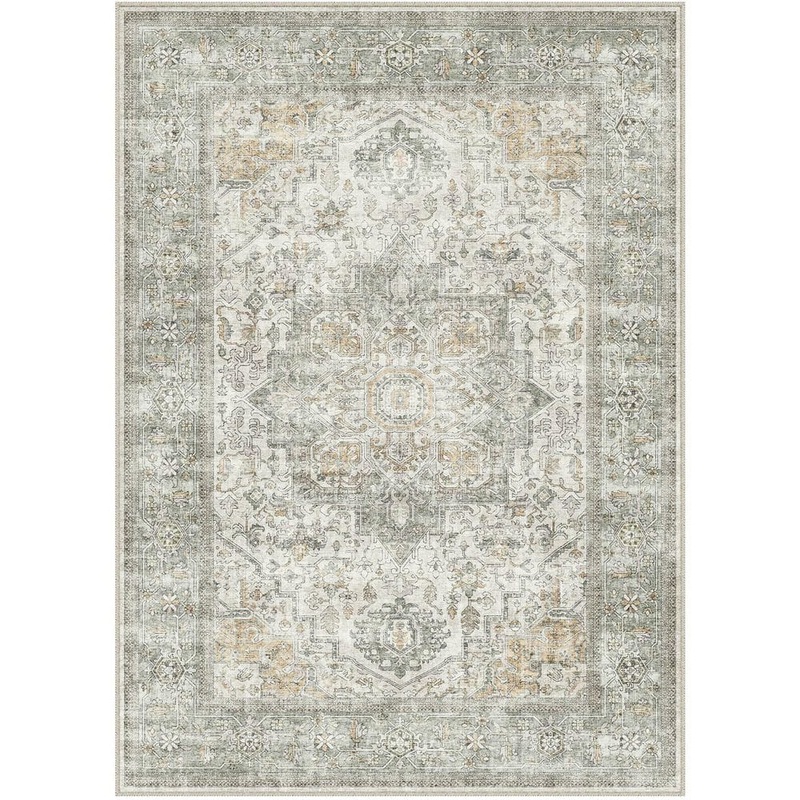 HaiiMeid Kaponi Green Brown 8 ft. x 10 ft. Vintage Washable Medallion Distressed Area Rug X24IU0031H-281