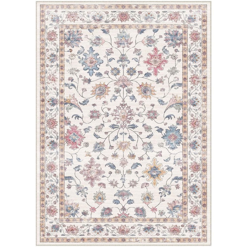 HaiiMeid Mystery Garden Beige 3 ft. x 5 ft. Distressed Vintage Floral Washable Area Rug X25IU0004H-135