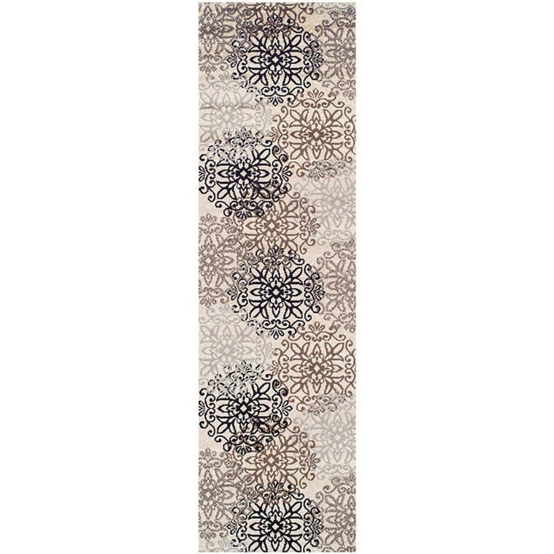 HomeRoots 10 ft. Tan Gray and Black Floral Medallion Stain Resistant Runner Rug 2000486909