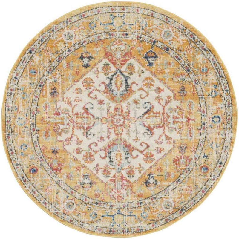 HomeRoots Bernadette Ivory/Yellow 5 ft. Round Medallion Polypropylene Area Rug 2000385565
