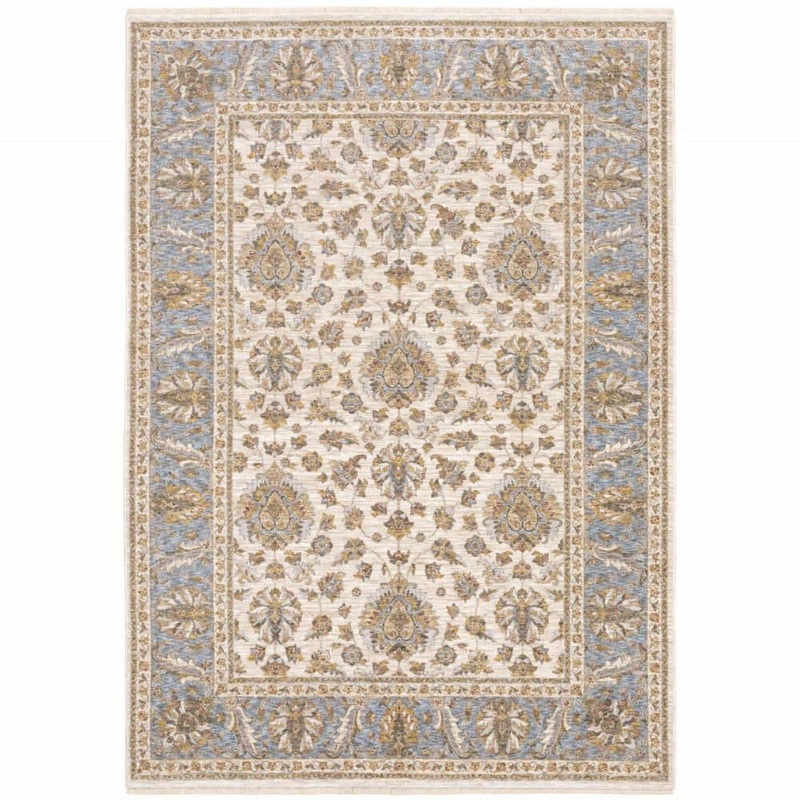 HomeRoots Ivory and Blue 3 ft. x 5 ft. Oriental Power Loom Stain Resistant Fringe with Area Rug 2000509423