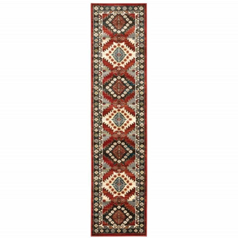 HomeRoots Red Deep Teal Ivory Grey and Green 2 ft. x 8 ft. Southwestern Area Rug 2000509055