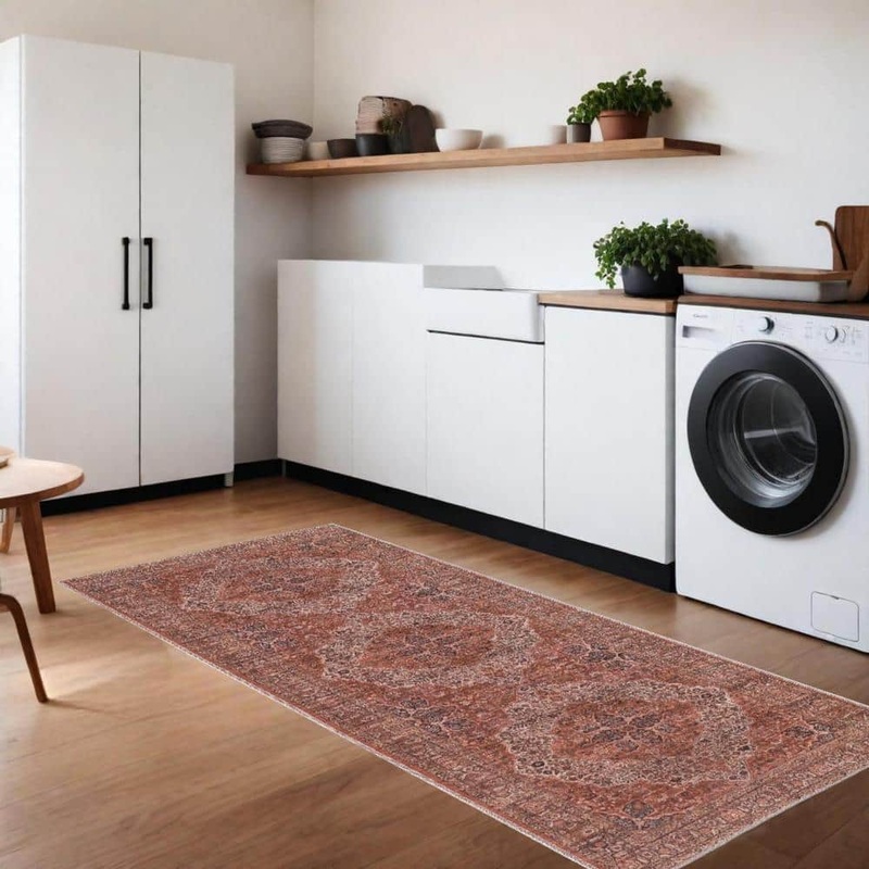 HomeRoots Red Tan and Pink 3 ft. x 8 ft. Floral Area Rug 2000515159