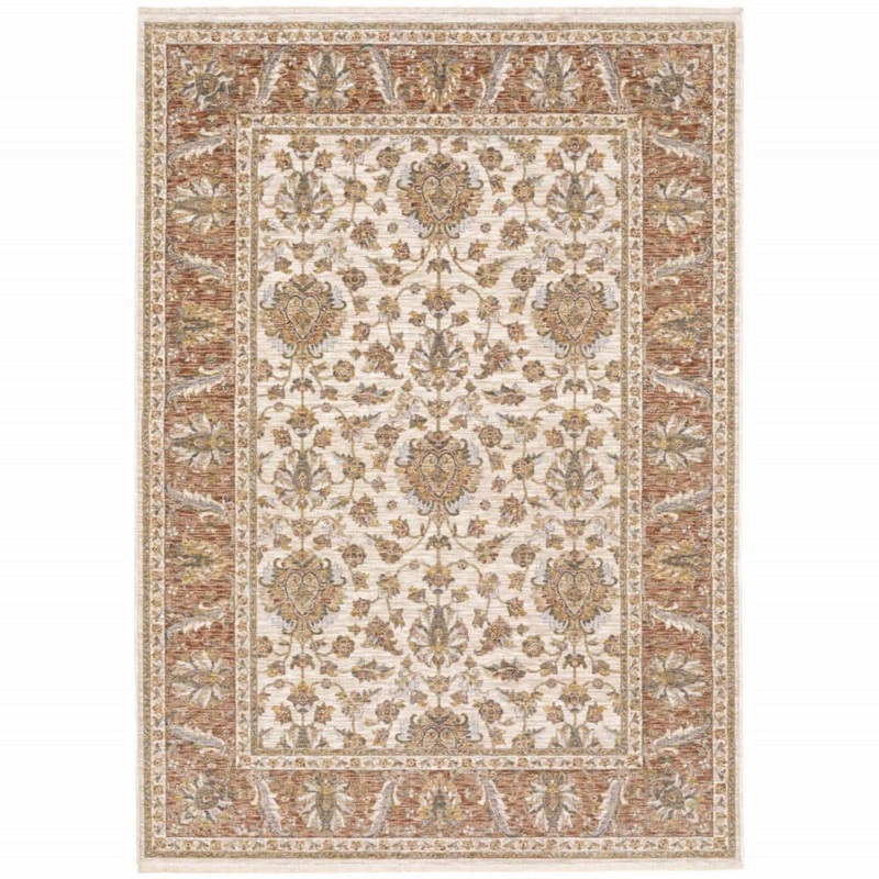 HomeRoots Rust and Ivory 3 ft. x 5 ft. Oriental Power Loom Stain Resistant Fringe with Area Rug 2000509409