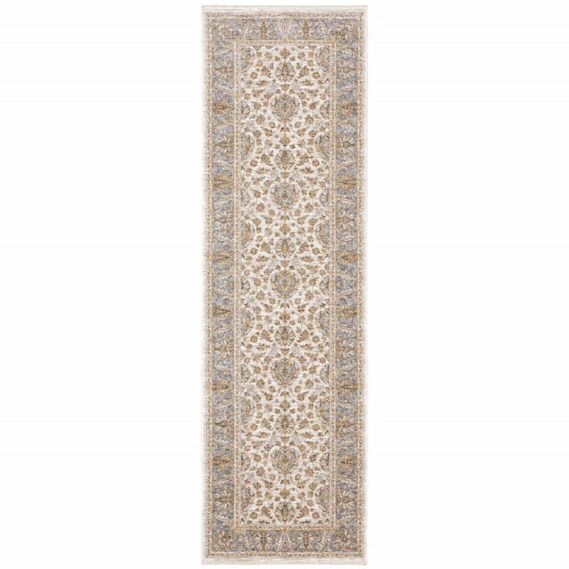 HomeRoots Ivory and Blue 2 ft. x 8 ft. Oriental Power Loom Stain Resistant Fringe with Runner Rug 2000509421