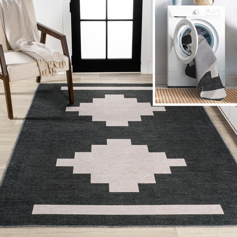 JONATHAN Y Adriel Geometric Tribal Medallion Machine-Washable Black/Ivory 9 ft. x 12 ft. Area Rug WSH111A-9