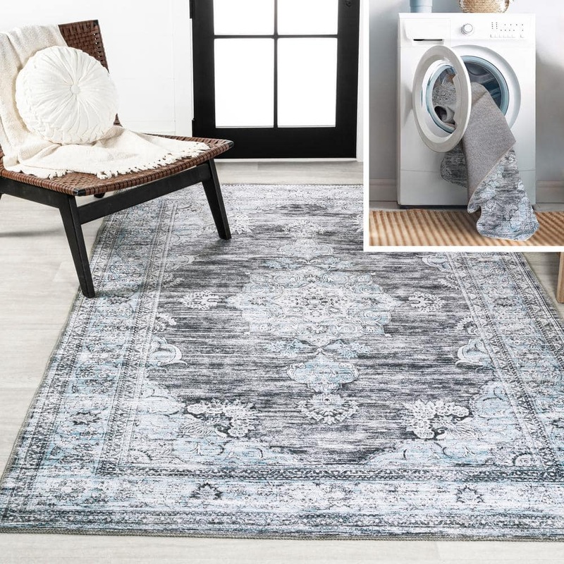 JONATHAN Y Bausch Bohemian Distressed Chenille Machine-Washable Dark Gray/Blue 4 ft. x 6 ft. Area Rug WSH201D-4