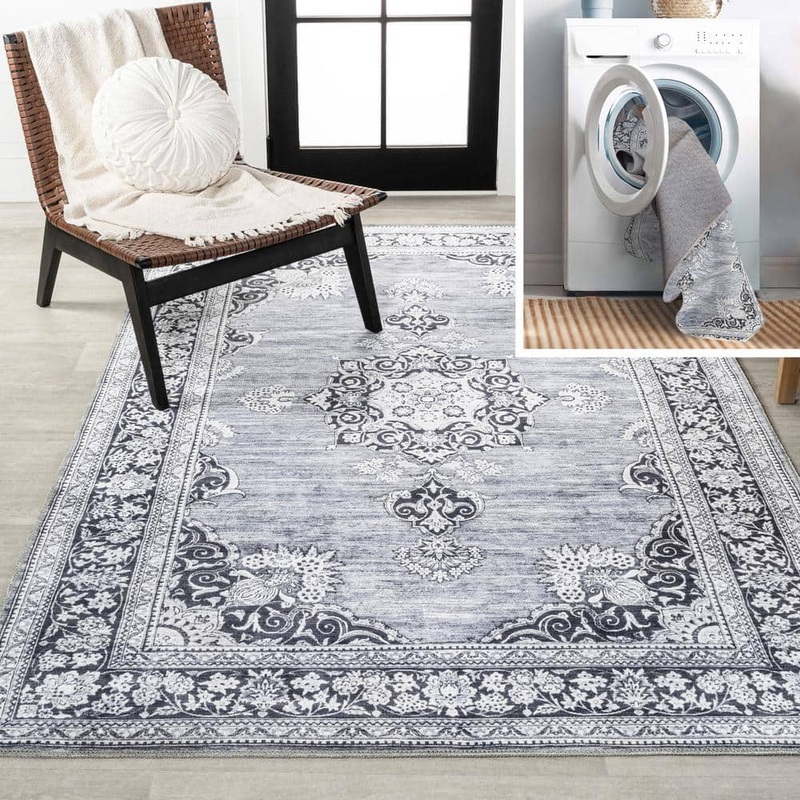 JONATHAN Y Bausch Bohemian Distressed Chenille Machine-Washable Gray/White 5 ft. x 8 ft. Area Rug WSH201A-5