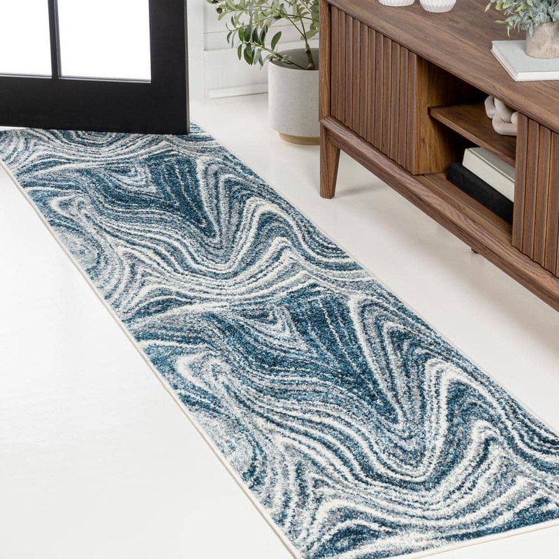 JONATHAN Y Eleni Turquoise/Cream 2 ft. x 8 ft. Contemporary Glam Abstract Marble Runner Rug SEU301C-28