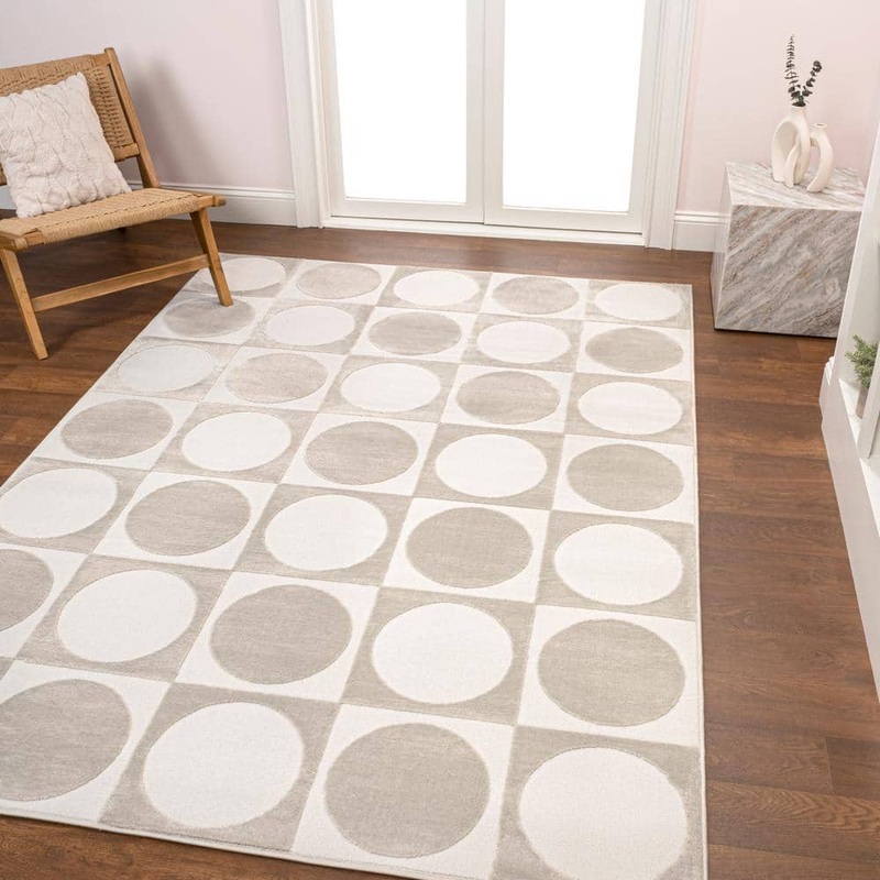 JONATHAN Y Helena Modern Geometric Circles In Squares High-Low Beige/Cream 4 ft. x 6 ft. Area Rug SND104A-4