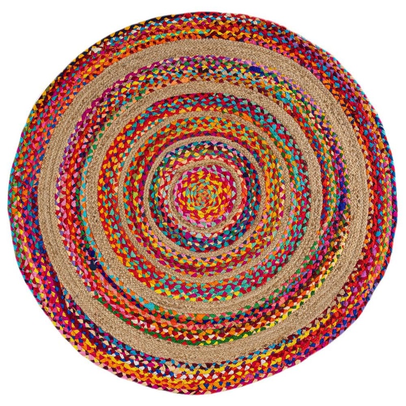 JONATHAN Y Isla Round Boho Braided Rag and Jute Multi/Natural 3 ft. Round Area Rug RNF105A-3R