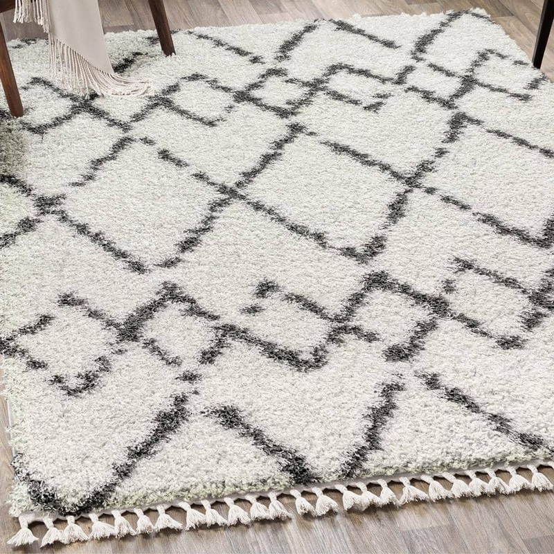 JONATHAN Y Mercer Shag Plush Tassel Moroccan Tribal Geometric Trellis Cream/Grey 5 ft. x 8 ft. Area Rug MCR102B-5