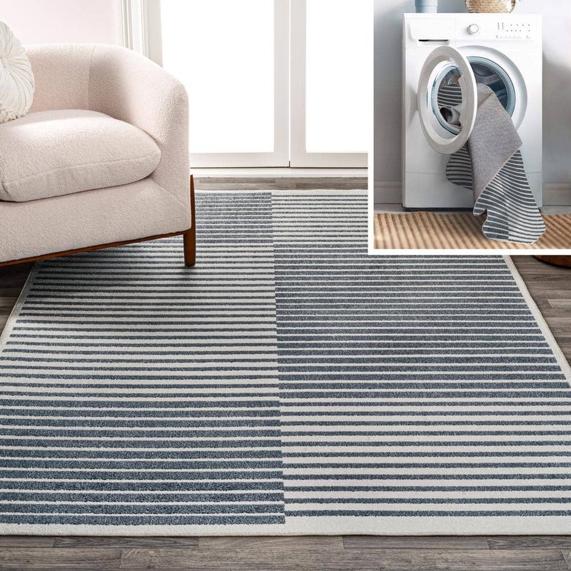 JONATHAN Y Shutter Minimalist Striped Plaid Machine-Washable Dark Gray/Cream 8 ft. x 10 ft. Area Rug WSH305A-8