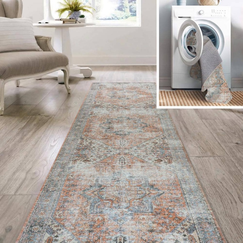 JONATHAN Y Terra/Blue 2 ft. x 8 ft. Armae Distressed Medallion Chenille Machine-Washable Runner Rug WSH200A-28