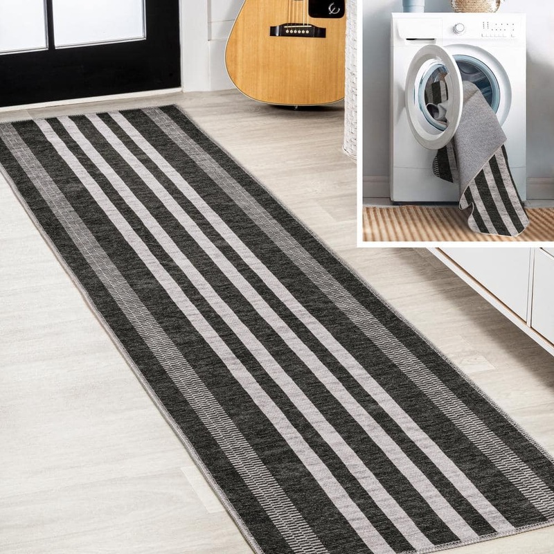 JONATHAN Y Vichy Geometric Striped Machine-Washable Black/Ivory 2 ft. x 8 ft. Area Rug WSH122A-28