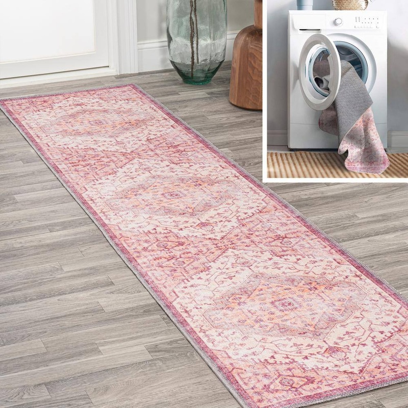 JONATHAN Y Alacati Ogee Red/Orange/Cream 2 ft. x 8 ft. Medallion Machine Washable Indoor Area Rug WSH103A-28