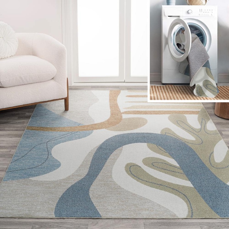 JONATHAN Y Algae Abstract Glam Botanical Machine-Washable Cream/Multi 3 ft. x 5 ft. Area Rug WSH301A-3