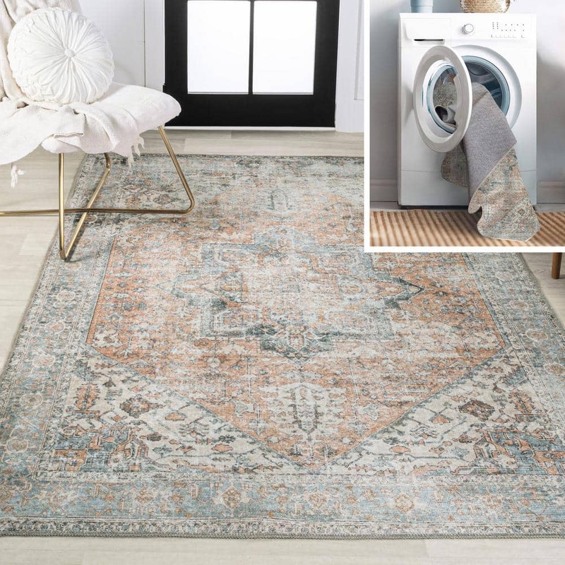 JONATHAN Y Armae Distressed Medallion Chenille Machine-Washable Terra/Blue 5 ft. x 8 ft. Area Rug WSH200A-5