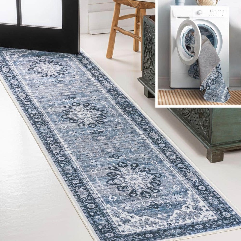 JONATHAN Y Asa Ornate Medallion Machine-Washable Blue/Cream 2 ft. x 8 ft. Runner Rug WSH108B-28
