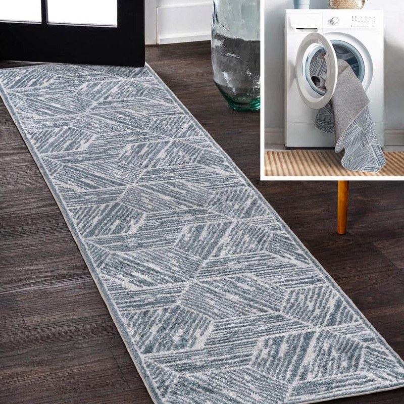 JONATHAN Y Blue/Cream 2 ft. x 8 ft. Vector Modern Coastal Geometric Machine-Washable Runner Rug WSH313A-28