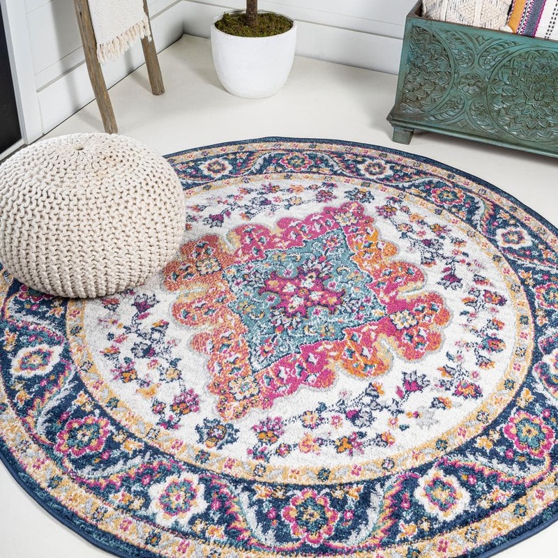 JONATHAN Y Bohemian Flair Boho Vintage Blue/Multi 4 ft. Round Medallion Area Rug BMF106A-4R