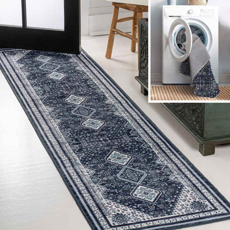 JONATHAN Y Dalyan Geometric Medallions Machine-Washable Navy/Light Gray 2 ft. x 8 ft. Runner Rug WSH101D-28