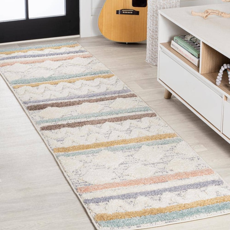 JONATHAN Y Faiza Multi/Cream 2 ft. x 8 ft. Moroccan Striped Geometric High-Low Runner Rug SNT106A-28