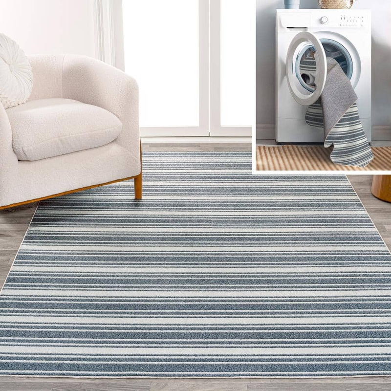 JONATHAN Y Fawning 2-Tone Striped Classic Low-Pile Machine-Washable Cream/Dark Gray 4 ft. x 6 ft. Area Rug WSH304A-4