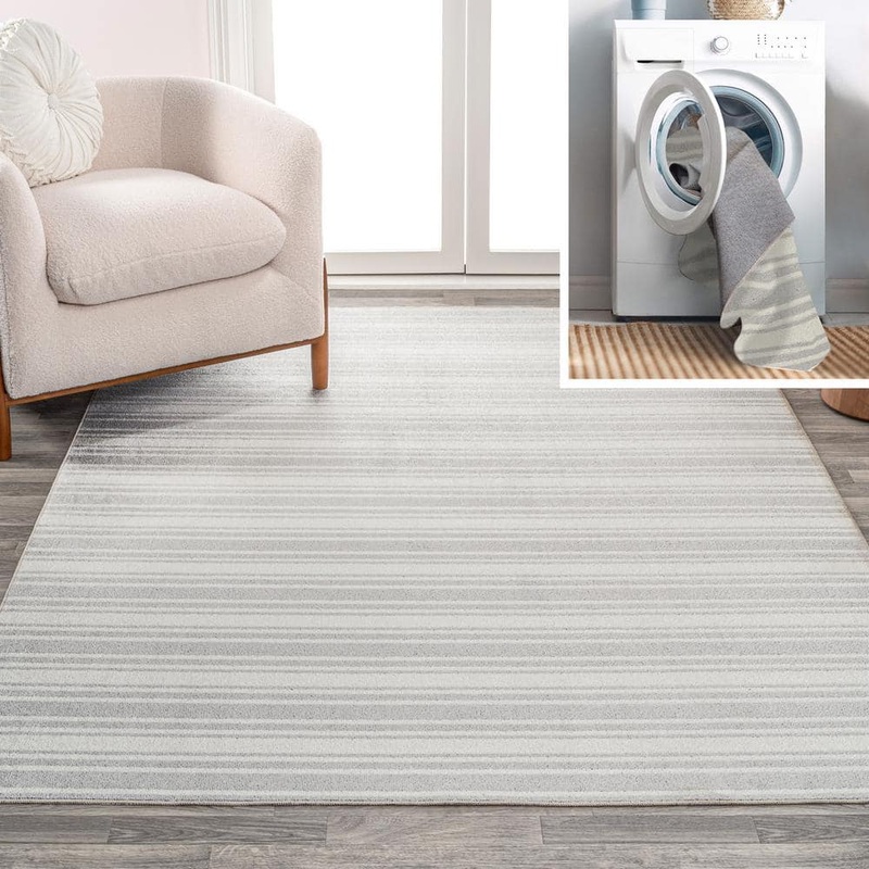 JONATHAN Y Fawning Cream/Light Gray 5 ft. x 8 ft. 2-Tone Striped Classic Low-Pile Machine-Washable Area Rug WSH304B-5