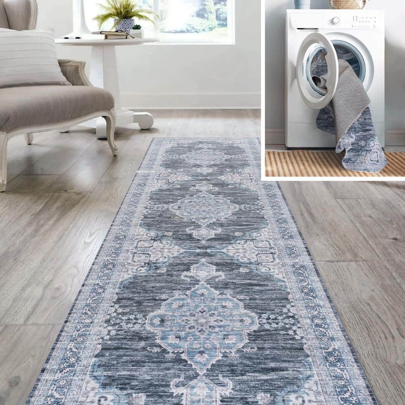 JONATHAN Y Gray/Blue/White 2 ft. x 8 ft. Wincer Chenille Cottage Medallion Machine-Washable Runner Rug WSH202D-28