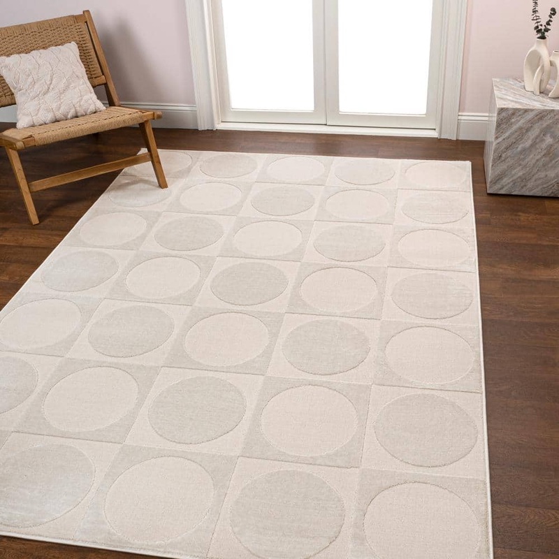 JONATHAN Y Helena Modern Geometric Circles In Squares High-Low White/Cream 3 ft. x 5 ft. Area Rug SND104B-3
