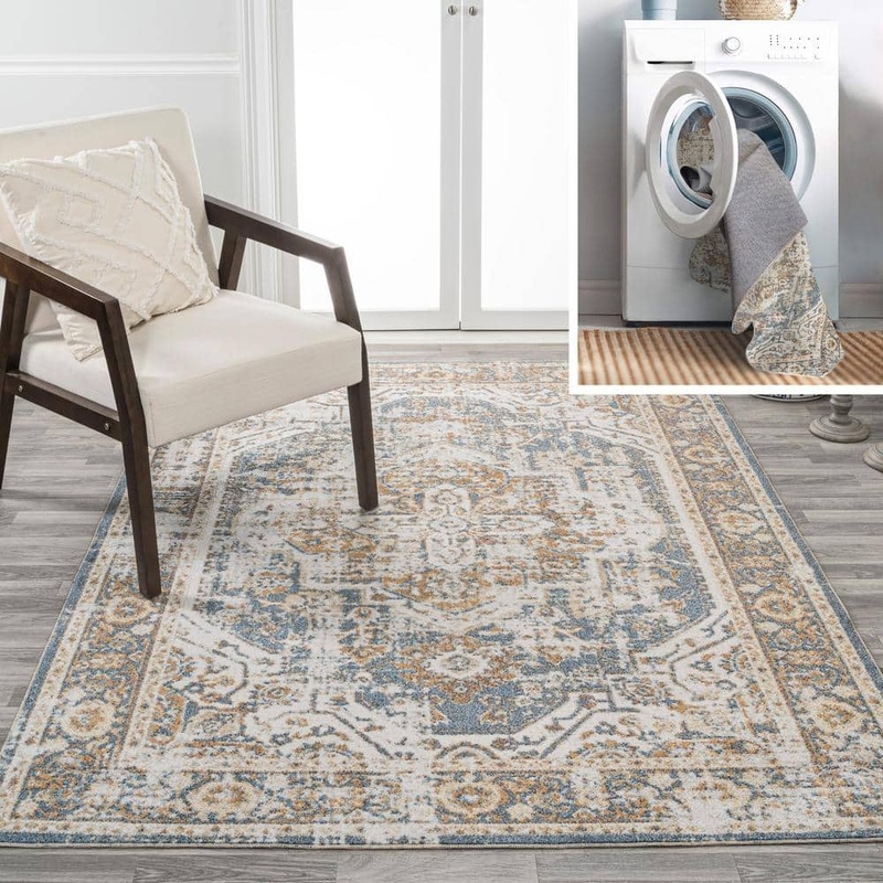 JONATHAN Y Keesha Bold Blue/Cream 8 ft. x 10 ft. Distressed Medallion Low-Pile Machine-Washable Area Rug WSH316A-8