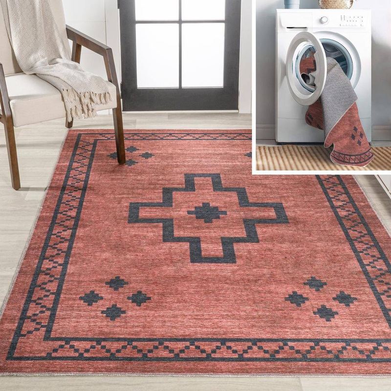 JONATHAN Y Korsa Geometric Medallion Machine-Washable Red/Black 5 ft. x 8 ft. Area Rug WSH118A-5