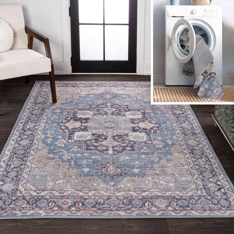 JONATHAN Y Maris Ornate Medallion Machine-Washable Blue/Cream 3 ft. x 5 ft. Area Rug WSH109C-3