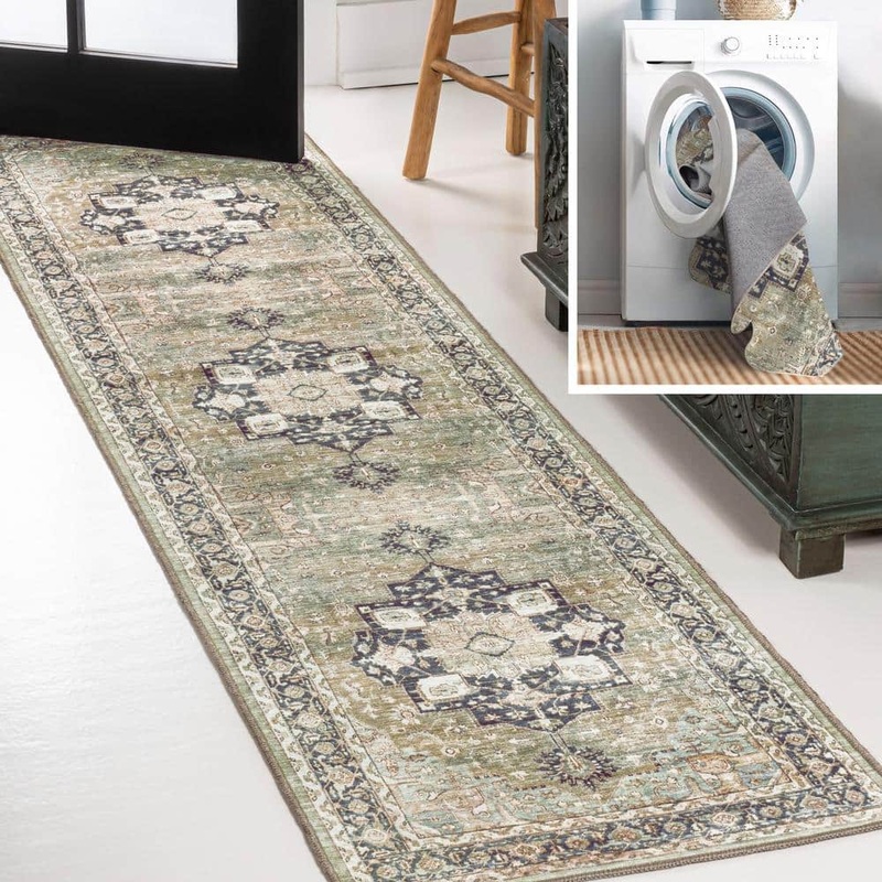JONATHAN Y Maris Ornate Medallion Machine-Washable Green/Tan/Blue 2 ft. x 8 ft. Runner Rug WSH109E-28