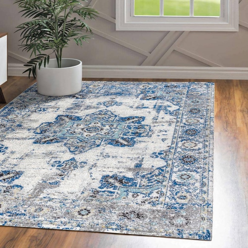 JONATHAN Y Modern Persian Boho Vintage Medallion Cream/Blue 5 ft. x 8 ft. Area Rug MDP201A-5