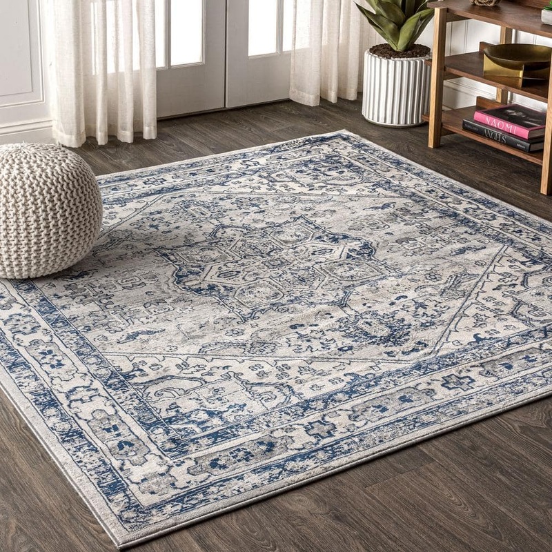 JONATHAN Y Modern Persian Vintage Medallion Light Grey/Navy 5 ft. Square Area Rug MDP106B-5SQ