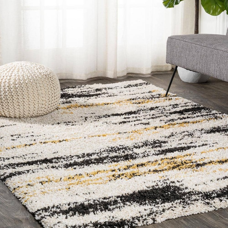 JONATHAN Y Nova Modern Bold Strie ft. Shag Beige/Black/Yellow 2 ft. x 8 ft. Runner Rug SHG102A-28
