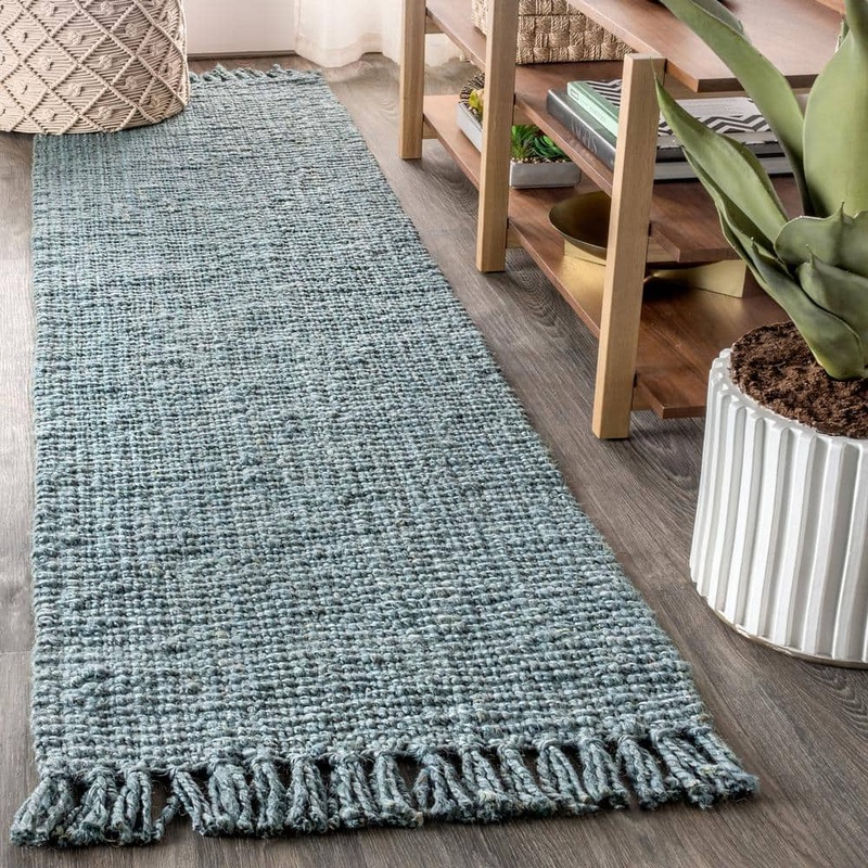 JONATHAN Y Pata Hand Woven Chunky Jute with Fringe Light Blue/Gray 2 ft. x 18 ft. Runner Rug NRF103B-218
