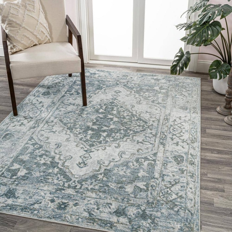 JONATHAN Y Pavel Light Gray/Blue 4 ft. x 6 ft. Distressed Medallion Low-Pile Machine-Washable Area Rug WSH317B-4