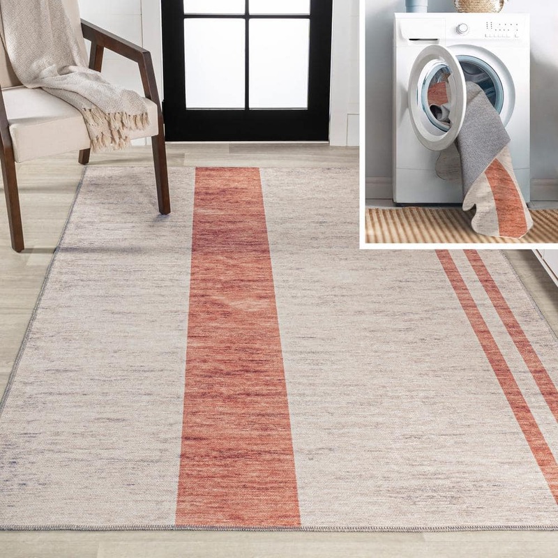 JONATHAN Y Raita Modern Distressed Stripe Machine-Washable Ivory/Pink 3 ft. x 5 ft. Area Rug WSH116A-3