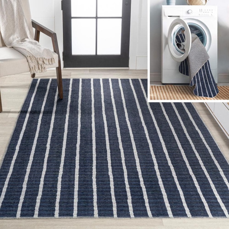 JONATHAN Y Rand Distressed Ticking Stripe Machine-Washable Navy/Ivory 5 ft. x 8 ft. Area Rug WSH119A-5