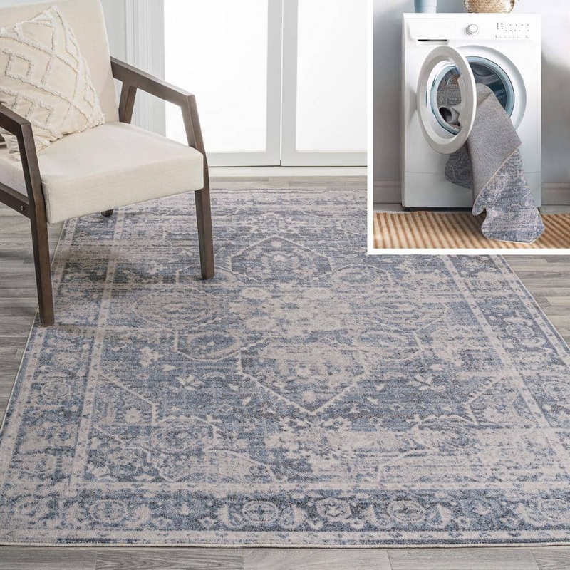 JONATHAN Y Shaii Global Blue/Light Gray 5 ft. x 8 ft. Medallion Low-Pile Machine-Washable Area Rug WSH319A-5