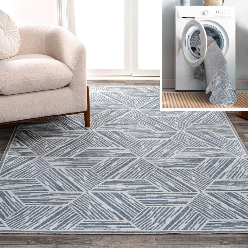 JONATHAN Y Vector Modern Coastal Geometric Machine-Washable Blue/Cream 3 ft. x 5 ft. Area Rug WSH313A-3