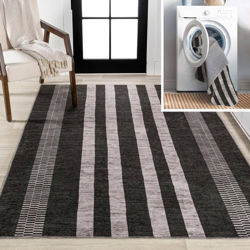 JONATHAN Y Vichy Geometric Striped Machine-Washable Black/Ivory 3 ft. x 5 ft. Area Rug WSH122A-3